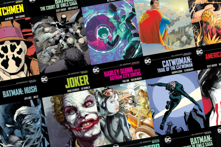 A group of comic book covers from the DC Compact Comics Edition. The titles include "Batman: Hush", "The Court of Owls Saga", "Joker", and "Catwoman"